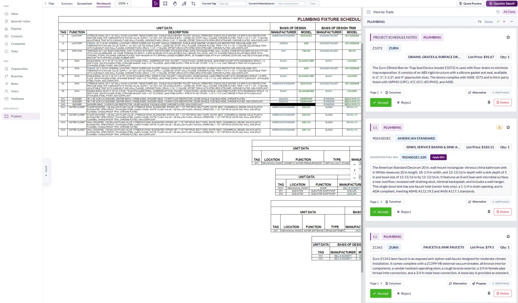 Orbiseed workbench reading a plumbing fixture schedule · 75 products identified with suggested SKUs ready to accept